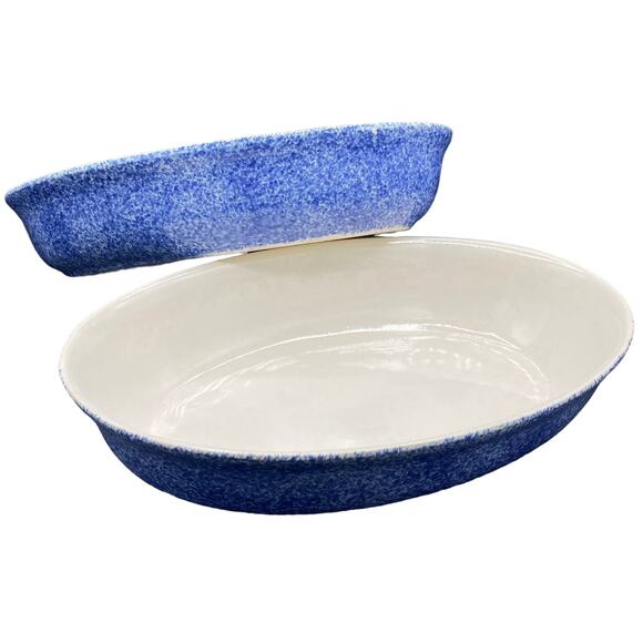 VTG ceramic serving dish bowl Blue Large Spongeware heavy stoneware - Picture 1 of 5